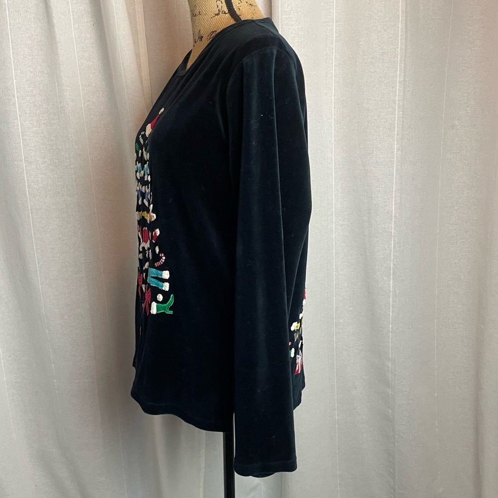 Michael Simon Lite Black Velour Christmas Tree Pullover Shirt Large Embroidered - Picture 3 of 7